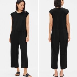 Eileen Fisher size M jumpsuit stretch jersey wide leg crop black cap sleeve